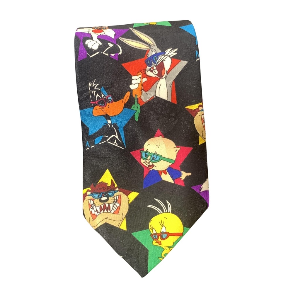 Vintage Looney Tunes Tie Mens One Size Black‎ Multicolor Warner Bros 1993